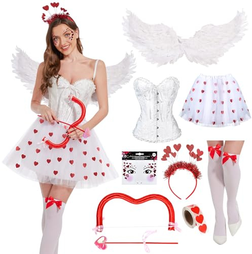 Aragallant Karneval Amor Kostüme Set, Valentinstag Herz Stirnband Pailletten, Cupid Engelsflügel, Herzchen Tüllrock, Gott der Romantik für Erwachsener, Fasching, Valentinstag (XL)