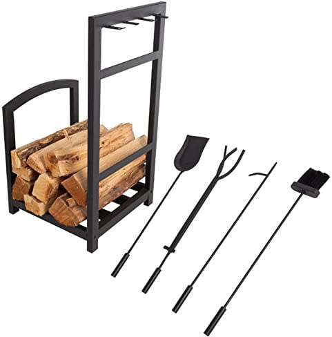 Set di scaffali per legna da ardere con pala da attizzatoio, rastrello e 4 ganci per attrezzi porta tronchi per bracieri esterni e ponti da cortile