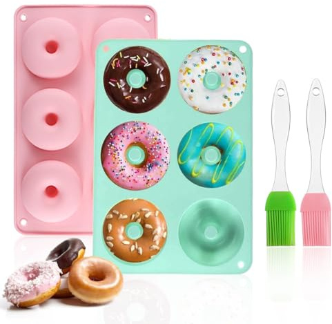 2 Pièces Moule à Beignets avec 6 Cavités Moules à Donuts en Silicone, Antiadhésif Moules en Forme de Donut avec 2 Brosse en Silicone
