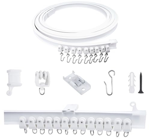 FOGAWA 5m Binario per Tende da Soffitto con 40 Ganci a S, Flessibile, Curvo, Binario a Soffitto PVC, Sistemi di Scorrevole Binario Tende da Doccia, Divisori per Ambienti, per Camper e Barche, Bianco