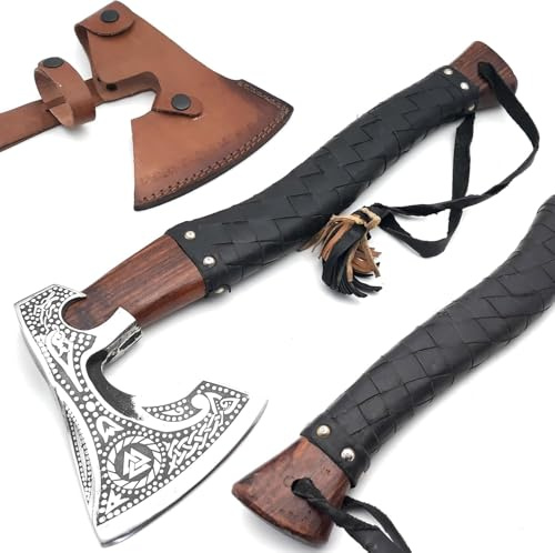 Viking Axe with Leather Sheath | Hand Forged Carbon Steel Camping Axes and Hatchets Viking Gifts for Men | Bearded Vikings Valhalla Axe