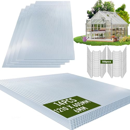 Warmfay 14 planchas alveolares de policarbonato de 6 mm, 1210 x 605 mm, doble puente de 10,25 m² con 50 grapas, recortables, resistentes a los rayos UV, para invernadero, cocheras, etc