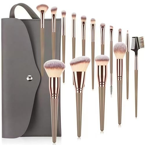 TANSAR 15 Stück Pinselset Makeup, Professionelles Make-up Pinsel-Set in Coffee-Brown, Schminkpinsel-Set mit Leder-Tasche, Reisegröße für Highlights und Konturen