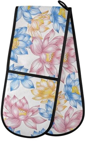 Ofenhandschuhe, doppelte Ofenhandschuhe, Lotusblüte, weiß, hitzebeständig, gesteppt, für Grill, Backen, Küche, Kochen, Handschuhe