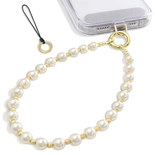 SURPHY Handykette Kunstperlen Kurz, Universal Handyanhänger Kunstperlen aus Glas, Handyband Phone Charm Handy Anhänger Handschlaufe Schlüsselband, Gold