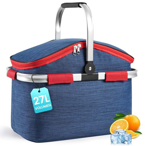 Faltbarer Einkaufskorb Kühltasche 27L - Ideal für den Wocheneinkauf mit gepolsterten Tragegriffen & Reißverschluss am Deckel, leicht klappbar & kompakt, 10kg belastbar, Faltkorb als Picknickkorb