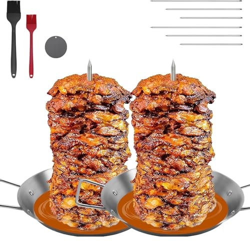 Support for brochettes et assiettes à kebab, poêle à brochettes verticale en acier inoxydable avec poignée, piques à brochettes de viande gyros avec 3 pointes de rechange et brosse à huile, plaque de