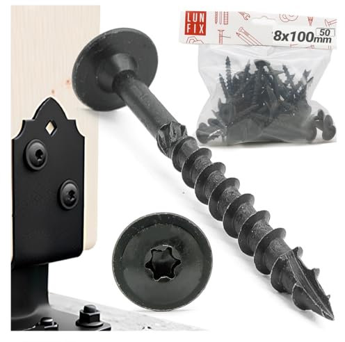 Lot de 50 vis à bois 8 x 100 mm, avec tête disque, vis Torx galvanisées pour supports de poteaux, vis à cloison sèche, connexion pour panneaux acoustiques en bois, extérieur noir Lun Fix