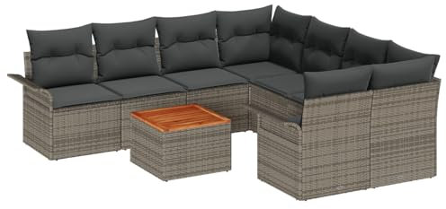 vidaXL 9-delat Trädgårdssoffset med Kuddar Grå Poly Rattan Och Akacia Trä Kaffe Bord Utomhus Möbler Mjuka Polyester Patio Bekväm Seating