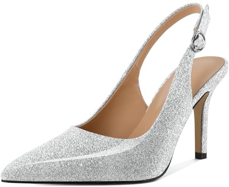 EDEFS Pumps Donna Punta Sottile Lucida Tacco 3,5 Pollici Slingback Eleganti per Matrimoni Feste Comode Tutto Il Giorno Argento EU44