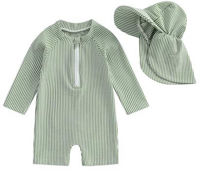 Vioyavo Infant Baby Boy Rash Guard Swimsuit Summer Spring Striped Prints Long Sleeve Swimwear Zip Up Front Bathing Suit with Sun Hat (Green, 18-24 Months)
