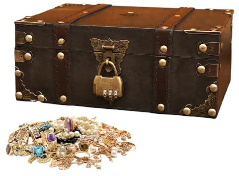 XPJBKC Scrigno del Tesoro, 24 x 17 x 9,5 cm Vintage Cassapanca Legno con Serratura a Combinazione, Scrigno Legno Baule, Scatola Pirati scrigno del Tesoro in legno per Matrimoni Compleanni Deco, Grigio