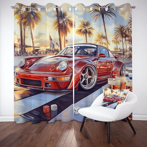 Meugesoi Voiture de Sport Rideau Occultant Voiture Palmier Tropical Rideaux Thermique Isolant Anti Froid et Chaleur 2 Pièces L117 x H183 cm, Rideau Isolant Phonique Opaque à Oeillets