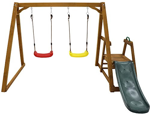 GoldiCoo Altalena per esterni, in legno, doppia altalena per 2 bambini, con struttura, altalena per bambini con scivolo, struttura a dondolo con scivolo