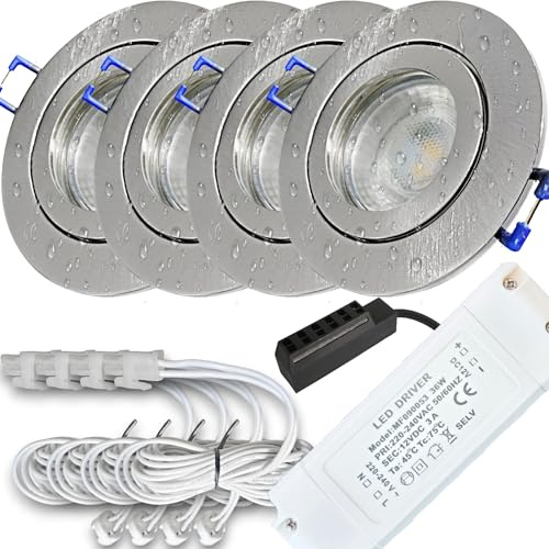 LED Decken Einbauspots 4er Set –, IP44, Feuchträume, Niederspannung 12V, 250 Lumen, Warmweiß, 3W, Rund, inkl. Netzteil & 120cm Zuleitung mit AMP Stecker. Bad, Dusche, Küche, überdachter Aussenbereich