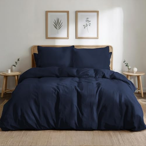 Dreamzie Bettwäsche-Set 220x240 aus Baumwoll-Perkal – Dunkelblau – Bettbezug 220x240 und 2X Kissenbezug 80x80 cm – Oeko-Tex Zertifiziert