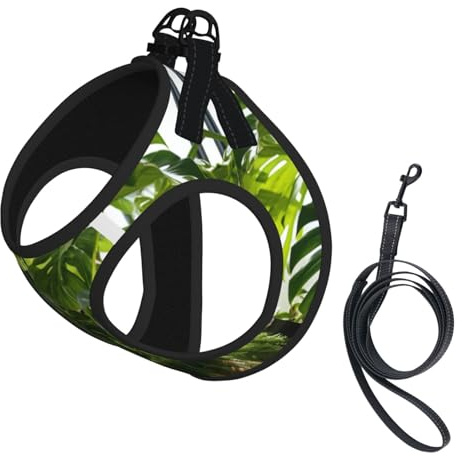 Monstera Deliciosa Banana Palm Print Small Dog Harness with Leash Set, No Escape Easy Walk Puppy Harnesses for Training Walking