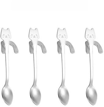 4Pcs Mini Cute Cat Coffee Spoons 304 Stainless Steel Teaspoons for Desserts and Snacks(Silver)