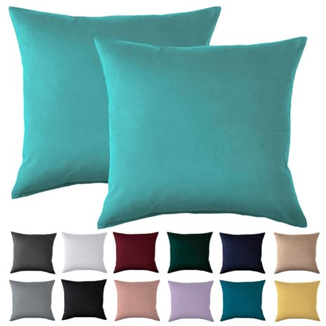 Set di 2 federe 80 x 80 cm, colore turchese, per cuscino, 100% microfibra, non necessita di stiratura e senza pieghe con chiusura lampo