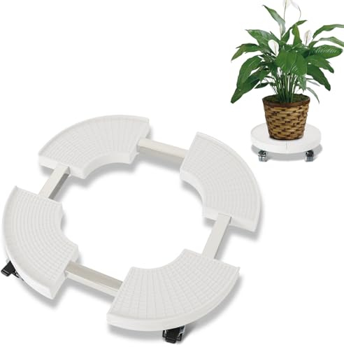 Jaxguom Pflanzenroller Rollbrett für Pflanzen mit 4 grau Rollen, 1er Set Blumentopf Untersetzer aus Rund weißem kunststoff in 38-55 cm, Tragkraft 200 kg für Innen & Außenbereich