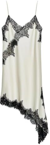 Women's Satin Lace Dress Asymmetric Cocktail Mini Dress Layering Essentials Elegant Dresses Date Night Outfits (White-Black,M)