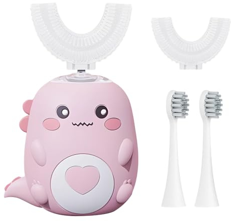 Hojalis Kids Electric Toothbrush U Shaped, 360° Ultrasonic Toothbrush with 2 U-Shaped Brush Heads & 2 Straight Brush Heads, 3 Modes & IPX7 Waterproof, Dinosaur Toothbrushes for Kids Age 2-12 (Pink)