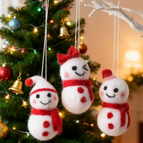 HERZWILD 3pcs Schneemann-Anhänger aus Filz Weihnachtsanhänger Christbaumanhänger Weihnachtsbaum Anhänger aus Filz Christbaumschmuck Filzanhänger (weiß rot schneemann)