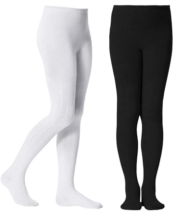 Century Star Girls Tights Winter Warm Leggings for Girls Stockings Toddler Dance Ballet Tights Cable Knit Cotton Pantyhose 2 Pairs White Black 4-6 Years