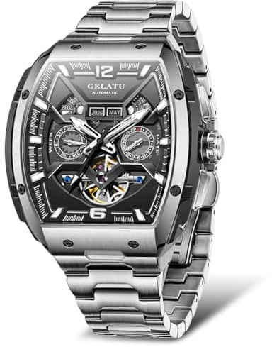 OLEVS Mens Automatic Watches Skeleton Tourbillon Self Winding Dress Watch for Man Luxury Sapphire Crystal Waterproof 316L Steel Watch Silver Band Black Dial
