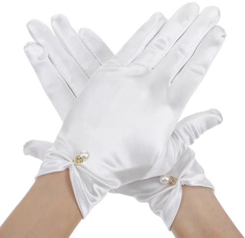 Quilax 1 Stück Kurze Weiß Handschuhe Damen Hochzeit,Satin Weiß Handschuhe,HandschuheBraut Tanzhandschuhe Party,für Geburtstag,Festzug Urlaub Maskerade Halloween,Heilige Kommunion
