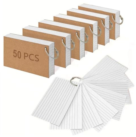 300Pcs Flash Cards, A7(12.7x7.6cm) Ruled Index Cards with 6 Binder Rings, White Revision Cards, Kraft-Paper Notecards, Lined Note Cards for Study Office NotePads School Learning Memo