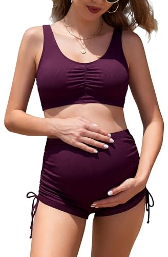 SHEKINI Maillot de Bain Maternité Taille Haute Maillot de Bain Grossesse 2 Pièces Cordon Latéral Réglable Bikini Grossesse(Violet, L)