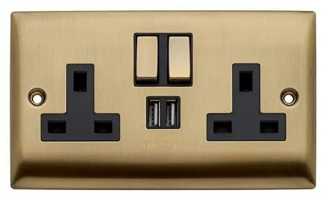 Britelite Double Plug Socket with 2 USB-A Ports, Antique Brass, 13A | Integrated USB charging ports; type g UK wall outlet; antique brass finish type g 13A outlet; wall hardware for home décor.