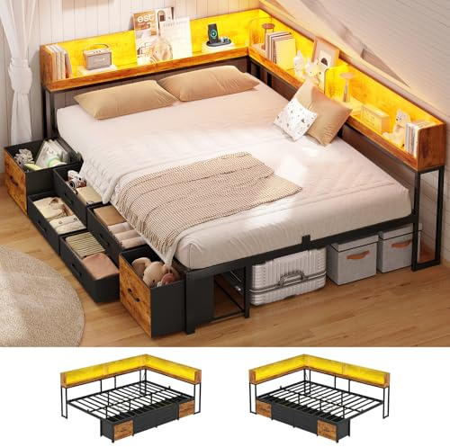 Bett 140x200 mit Stauraum Schlafsofa mit Integriertem Bücherregal & 6 Schubladen,Jugendbett mit LED-Beleuchtung & Ladestation Gästebett Tagesbett Bettgestell mit Lattenrost(Vintage Braun, 140x200cm)