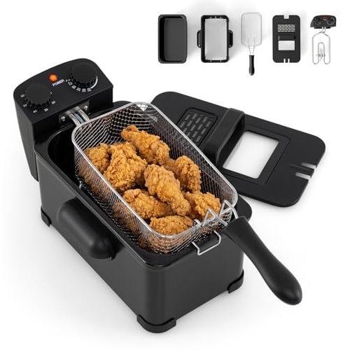 GiantexUK 2000W Electric Deep Fryer, 3L/5L Deep Fat Fryer (3L, 1 Basket) | with Viewing Window, Removable Oil Basket, Adjustable Temperature & Timer, Frying Machine for Fried Chicken Chips