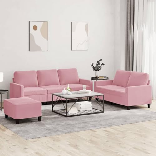 Keeushr 3-TLG. Sofagarnitur mit Kissen Rosa Samt und Polstergarnitur, Bequemes Sofa Set mit Fußhocker für Wohnzimmer, Weiche Samtbezug und Robustes Gestell