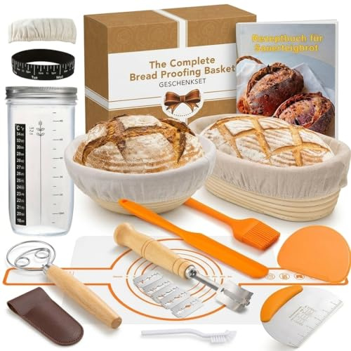 Sauerteig Starter Set 15-Teiliges Profi Brotbackset inkl. Gärkörbchen Rund & Oval, Gärglas mit Thermometer & Rezeptbuch – Das ultimative Sauerteig Starter Set für Krustenzauber Brot - GROWZELT