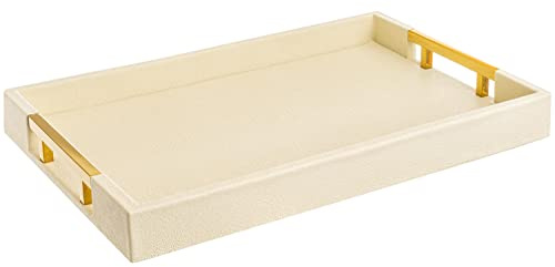 Modern elegant 45 cm x 30 cm rektangel kräm glansig shagreen dekorativ ottoman soffbord parfym vardagsrum kök serveringsbricka med guldpolerade metallhandtag hem omdefinierad för alla tillfällen
