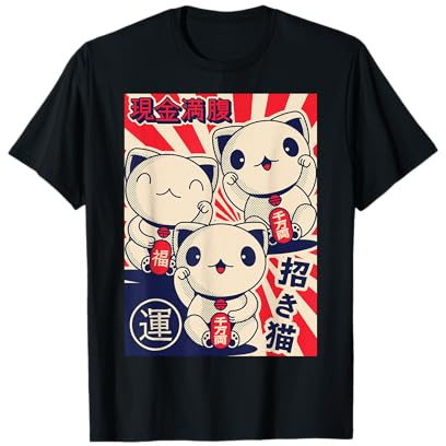 Maneki Nekos Lucky Cats Gatto Fortunato Feng Shui Stile Giapponese Maglietta