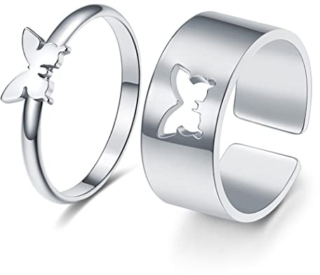 Aukmla Juego de anillos de plata de mariposa de la amistad, anillo de pareja, anillo ajustable de boda, anillos de dedo para mujeres y hombres