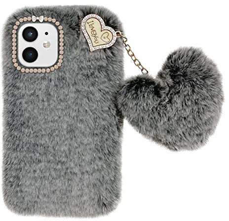 Uposao Kompatibel mit 12 Mini Plüsch Hülle Flauschige Niedlich Handyhülle Winter Warm Weich Hülle mit Kristall Strass Liebe Herz Anhänger für Frauen Mädchen,Rosa
