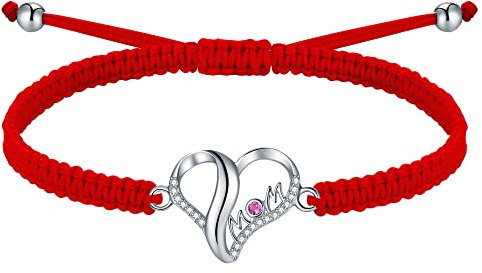 J.Endéar Mamá Pulsera Amor Corazón Plata 925 Circonita Roja Cuerda Trenzada Hecha A Mano Joyería Mujer Día de la Madre Regalo de Cumpleaños, Rojo