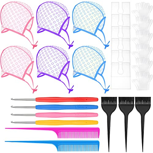 Yetene 27 Pcs Hair Highlighting and Coloring Kit, Include 6 Highlight Cap for Hair Dying Coloring Frosting Caps 6 Dye Shawl 6 Pair Gloves 3 Dye Brush 4 Needle 2 Rat Tail Comb for Salon Hairdressing