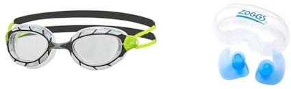 Zoggs Predator Adult Swimming Goggles, UV protection swim goggles, Clear, Black/Lime, Regular & Aqua Plugz, Ear Plugs for Swimming, Reusable Silicone Ear Plugs