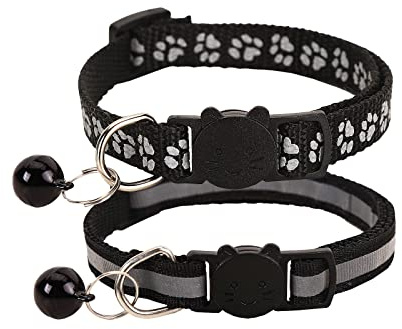 NeuWook Katzenhalsband, Katzen Tracker Halsband mit Glocke, 2 Stück Haustier Reflexhalsband, verstellbares wasserdichtes Haustier Tracker Halsband für Katzen, Welpen, Kätzchen, 19-32cm (Schwarz)