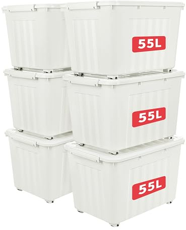 Cetomo 55L*6 Aufbewahrungsboxen, Rillen-verstärkte Kunststoffboxen mit Rollen & Deckeln, Stapelbare Aufbewahrungskiste, Ordnungsboxen für Zuhause und Büro, PP, Weiß, 55L (6er Pack)