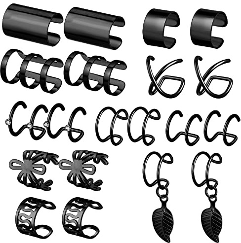 Founvar 20 Pcs Ear Cuff Clip On Earrings Black Hoops Conch Helix Cartilage Hoop Earring Ear Cuffs Wrap Clips for Women Men Non Piercing Ear Rings Jewelry Huggies Fake Ear Cuff Earring Piercings Piercing Set Stainless Steel Clip On Womens Hoop Earrings Hoops for Women Fake Piercings Gothic Cute Fun Multipack 10 Pairs