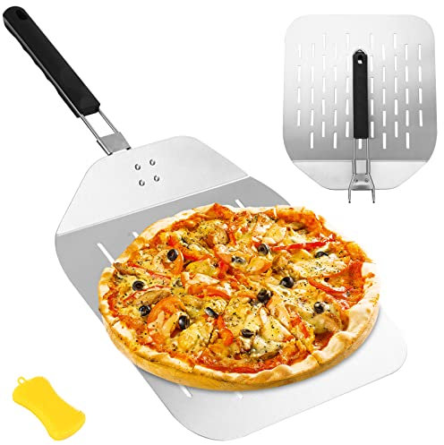 Pizzaschieber Edelstahl Perforiert, Pizzaschaufel für den Grill Oder Ofe Pizzastein mit Praktischen Einklapp-Griff,Stabileres Profi Heimgebrauch Pizza Schaufel zum Einfachen Verstauen für Große Pizza