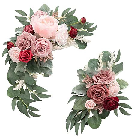 Künstliche Blume, Girlande mit grünen Blättern, zum Aufhängen, Party, Hochzeit, Auto, Rosa, Weinrot, Nr. J