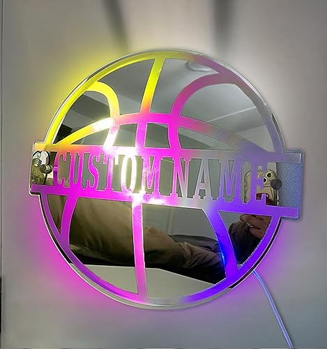 MYZQIFF - Señal de neón personalizada con espejo y luz para baloncesto, señal de balón de baloncesto con nombre personalizado, luz nocturna de neón para baloncesto deportivo para dormitorio